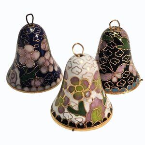 Miniature Cloisonné 1.25 inch Enamel Brass Bells Floral Motif Set of 3 Vintage